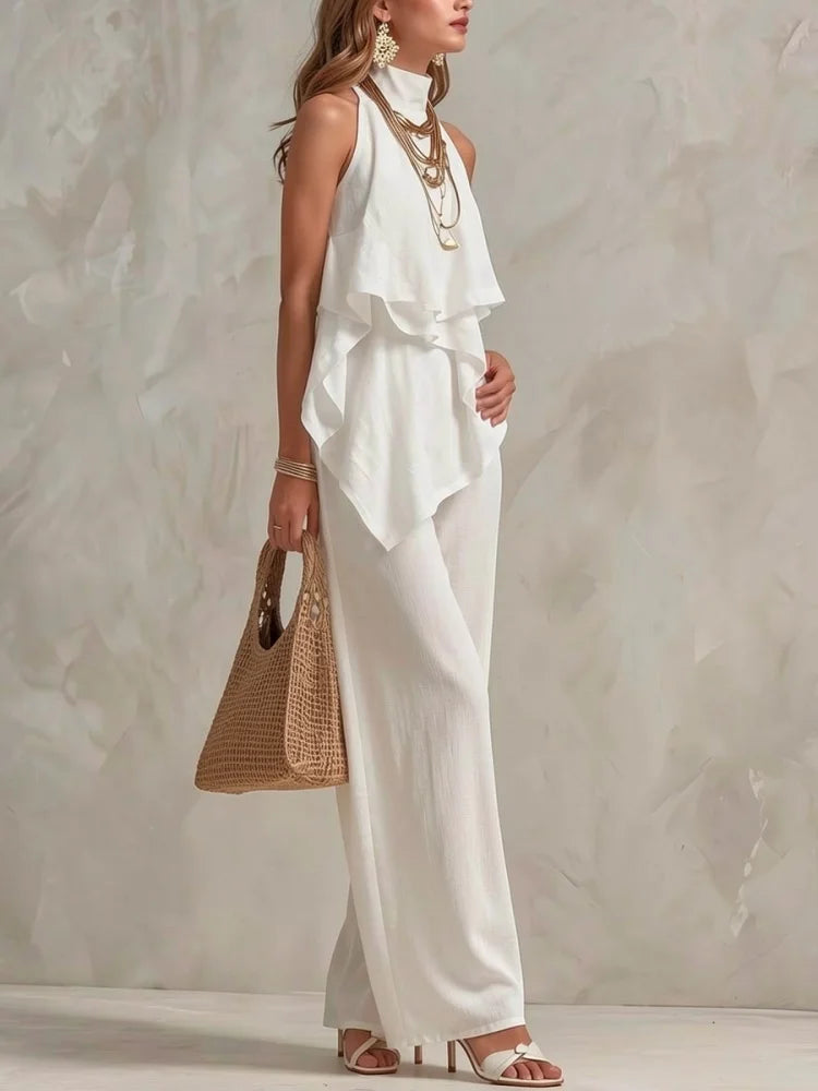 Women Halter Ruffle Top High Waist Wide Leg Pants Vacation Set
