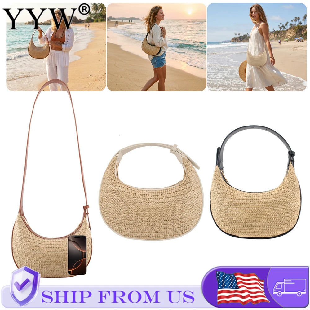 Straw Woven Top-Handle Bag For Women Summer Beach Tote