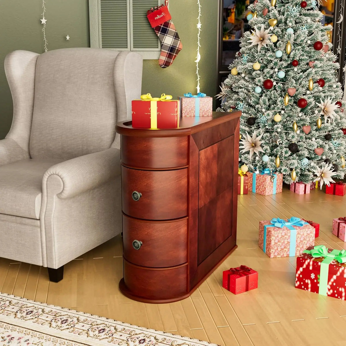 Solid Wood End Table with 2 Drawers Narrow Slim Side Nightstand for Living Room Bedroom Vintage Finish Back, Customized