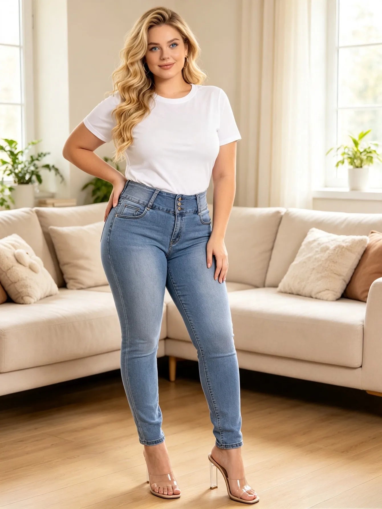 【HME】Jeans | High‑Rise Skinny Denim Pants, Ladies 3‑Button Waist Stretch Denim Jeans, Decorative Rhinestone Embroidery On Back Pockets, Figure‑flattering Pants, Light Blue Washed Denim For Casual Occasions