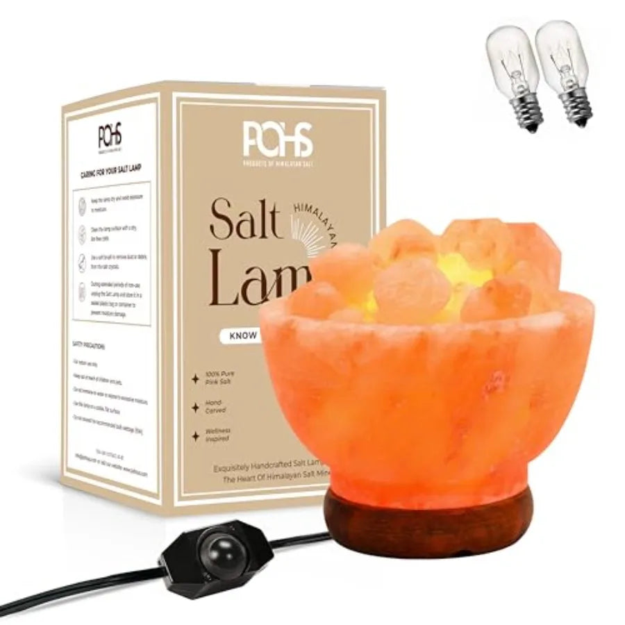 Himalayan Pink Salt Lamp Bowl Authentic from Pakistan, Natural Crystal Chunks, Dimmable Warm Glow Light, Premium Wooden Base Re