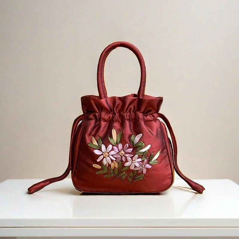 National Style Embroidered Flower Bucket Bag With Drawstring