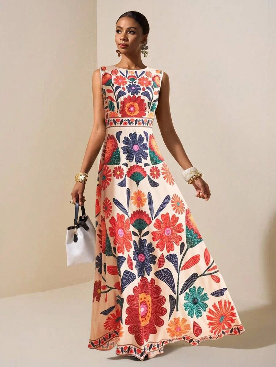 Women Polyester Floral Embroidery Maxi Dress Sleeveless Round Neck