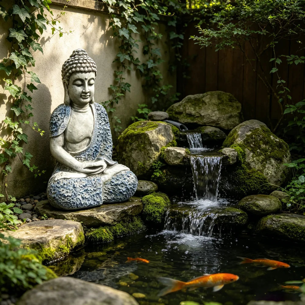 Weatherproof Resin Meditating Buddha Statue With Floral Details Outdoor
