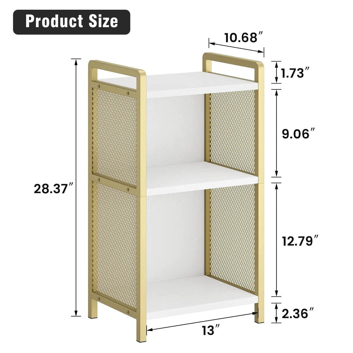 Modern 3-Tier Coffee Table With Storage Shelf, Narrow MDF Side Table With Gold Metal Detail For Living Room, Bedroom, Office, Entryway