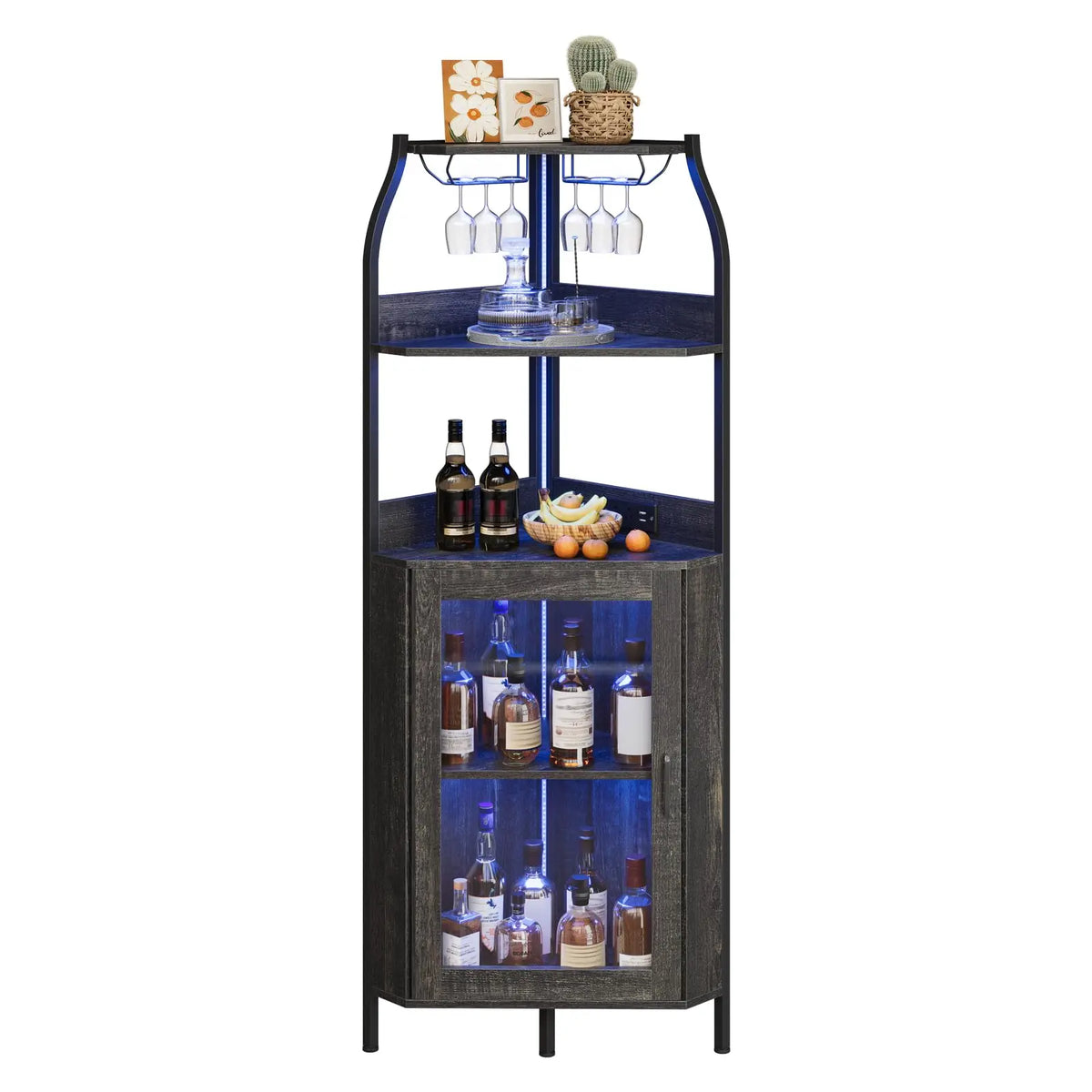 Corner Bar Cabinet With Power Outlet And LED Lights, 5 Tier Industrial Wine Rack, Glass Holder Liquor Storage Display For Small Spaces
