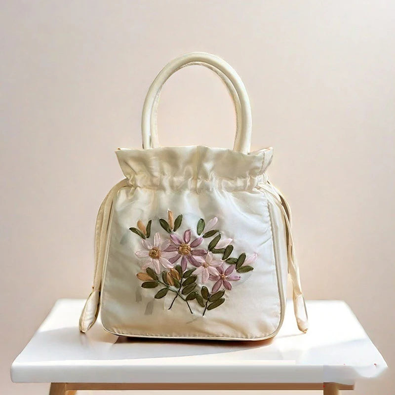 National Style Embroidered Flower Bucket Bag With Drawstring