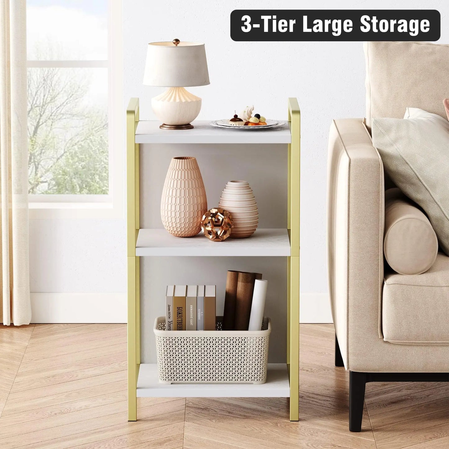 Modern 3-Tier Coffee Table With Storage Shelf, Narrow MDF Side Table With Gold Metal Detail For Living Room, Bedroom, Office, Entryway
