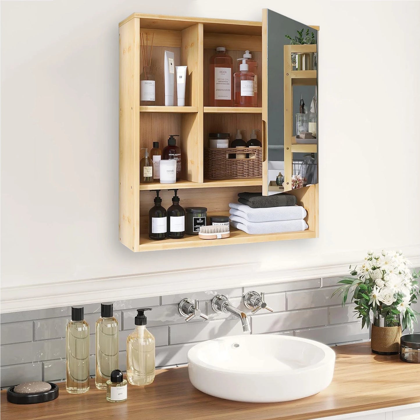 Bathroom Cabinet with Mirror Wall Bamboo Medicine Storage Shelves