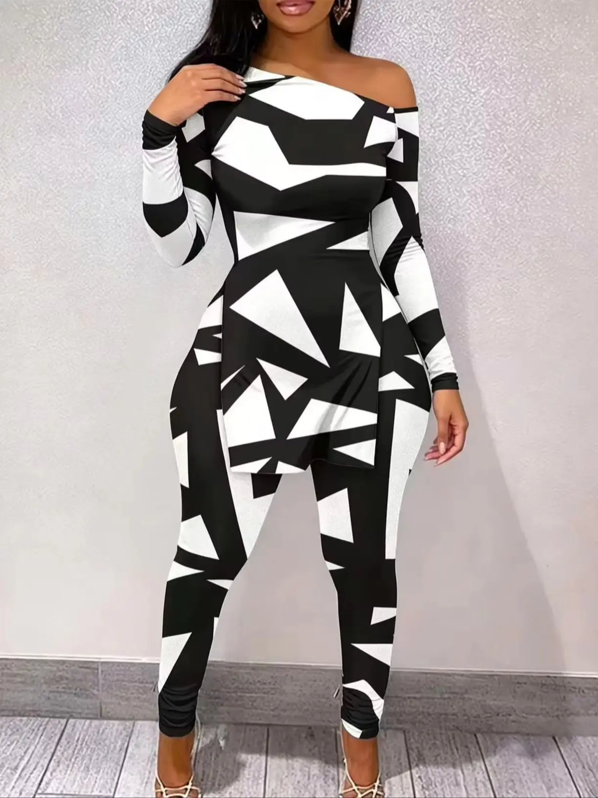 Women One Shoulder Geometric Print Polyester Two Piece Outfit Set