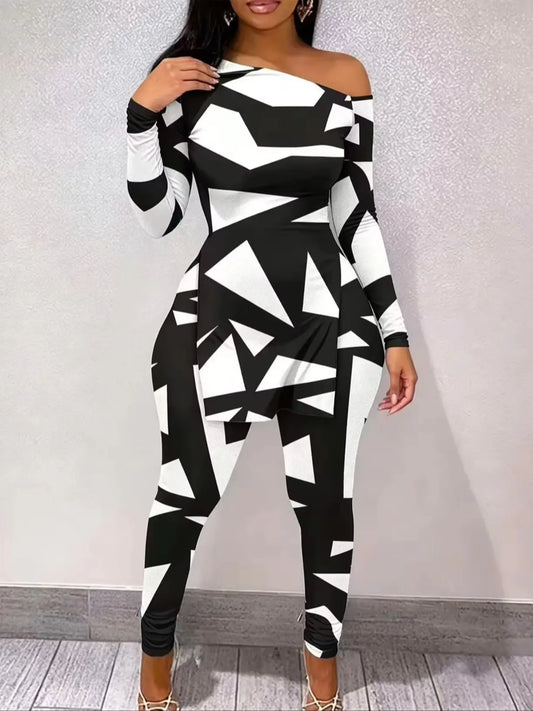 Women One Shoulder Geometric Print Polyester Two Piece Outfit Set