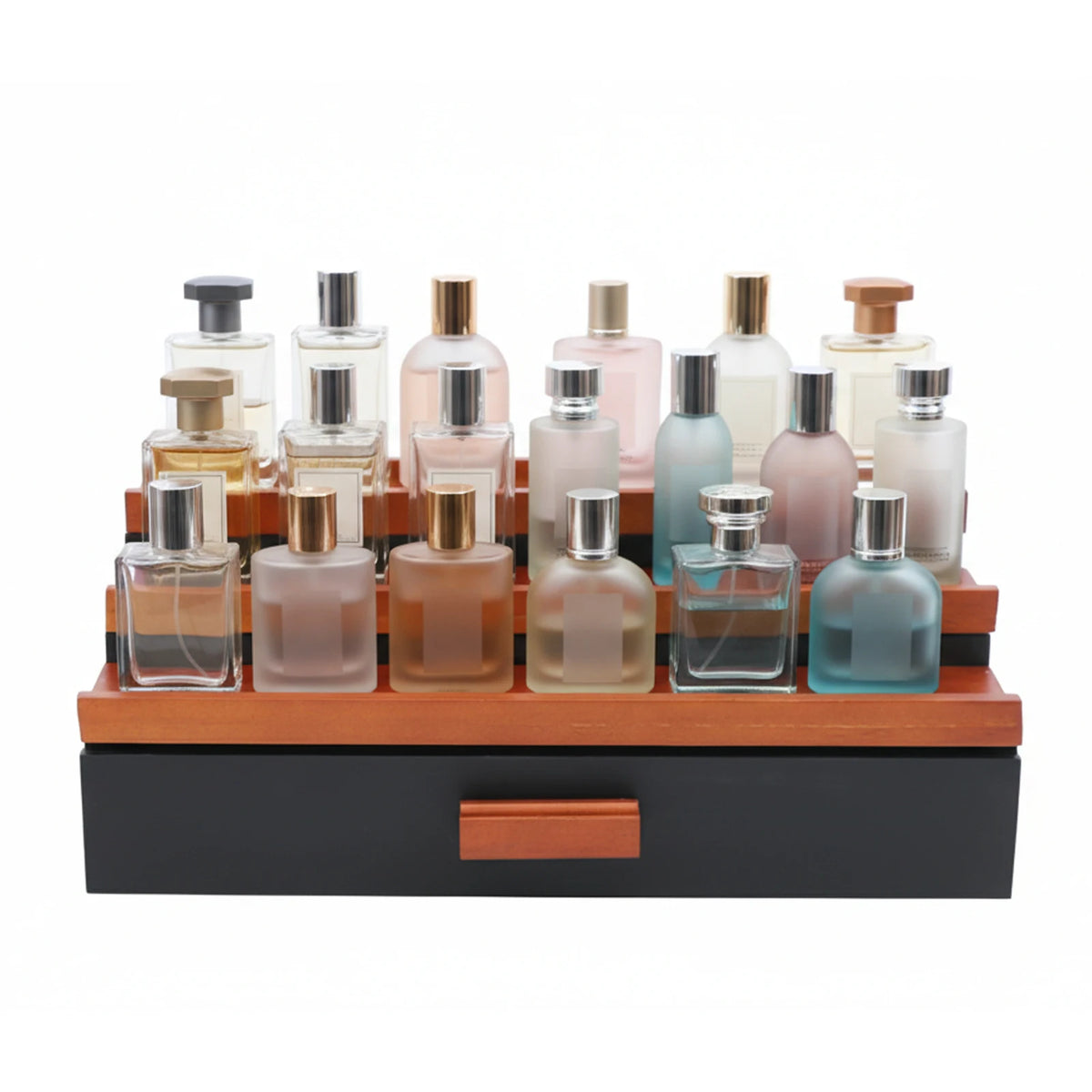 3 Tier Ladder Perfume Organizer, Wood Perfume Storage Rack with Drawer, Compact Display Stand for Cosmetics Perfume Bottles