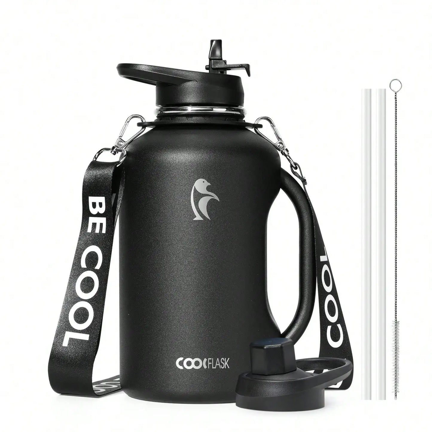 64oz Insulated Water Bottle With Handle & Strap, Stainless Steel Half Gallon Water Drinkware With 2 Lids & Straws, Lea
