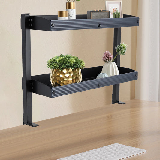 2-Tier Clip-on Desk Shelf Adjustable Storage Tray Space-saving Table Holder for Offices, Bedrooms, Living Rooms Black/White