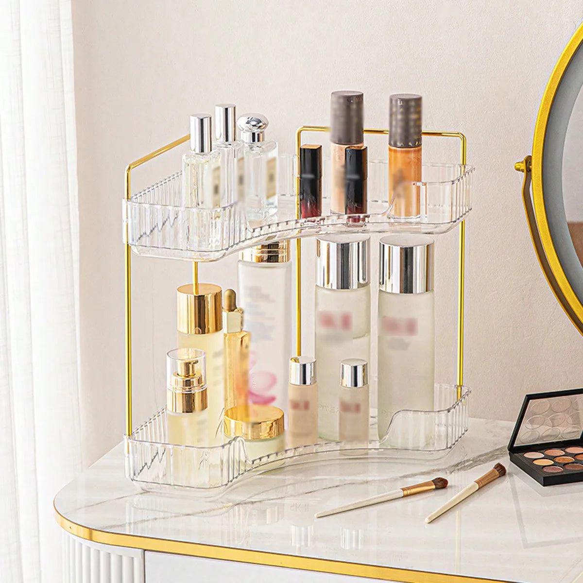 2/3 Tier Corner Makeup Organizer, Square Bathroom Countertop Storage Shelf, PET Large Capacity Cosmetics Box for Skincare Perfume Lipstick, Space Saver