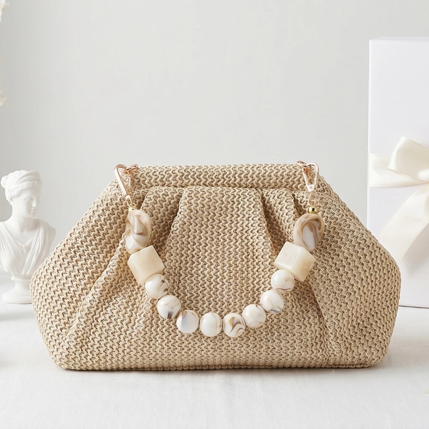 Women Straw Woven Bag With Chain Strap Clutch Purse