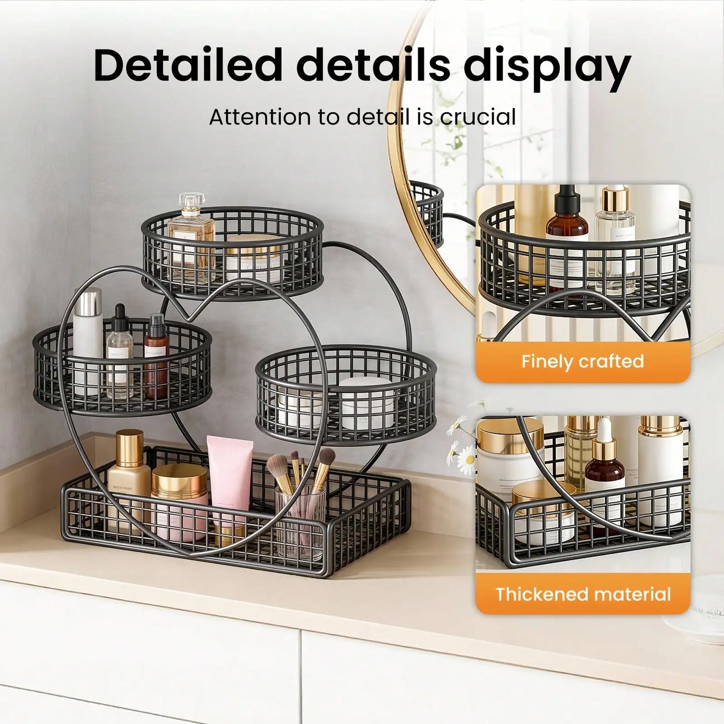 3 Tier Heart Shape Metal Makeup Organizer, Sturdy Vanity Storage Rack for Cosmetics Skincare, Countertop Display Stand for Bathroom Dresser