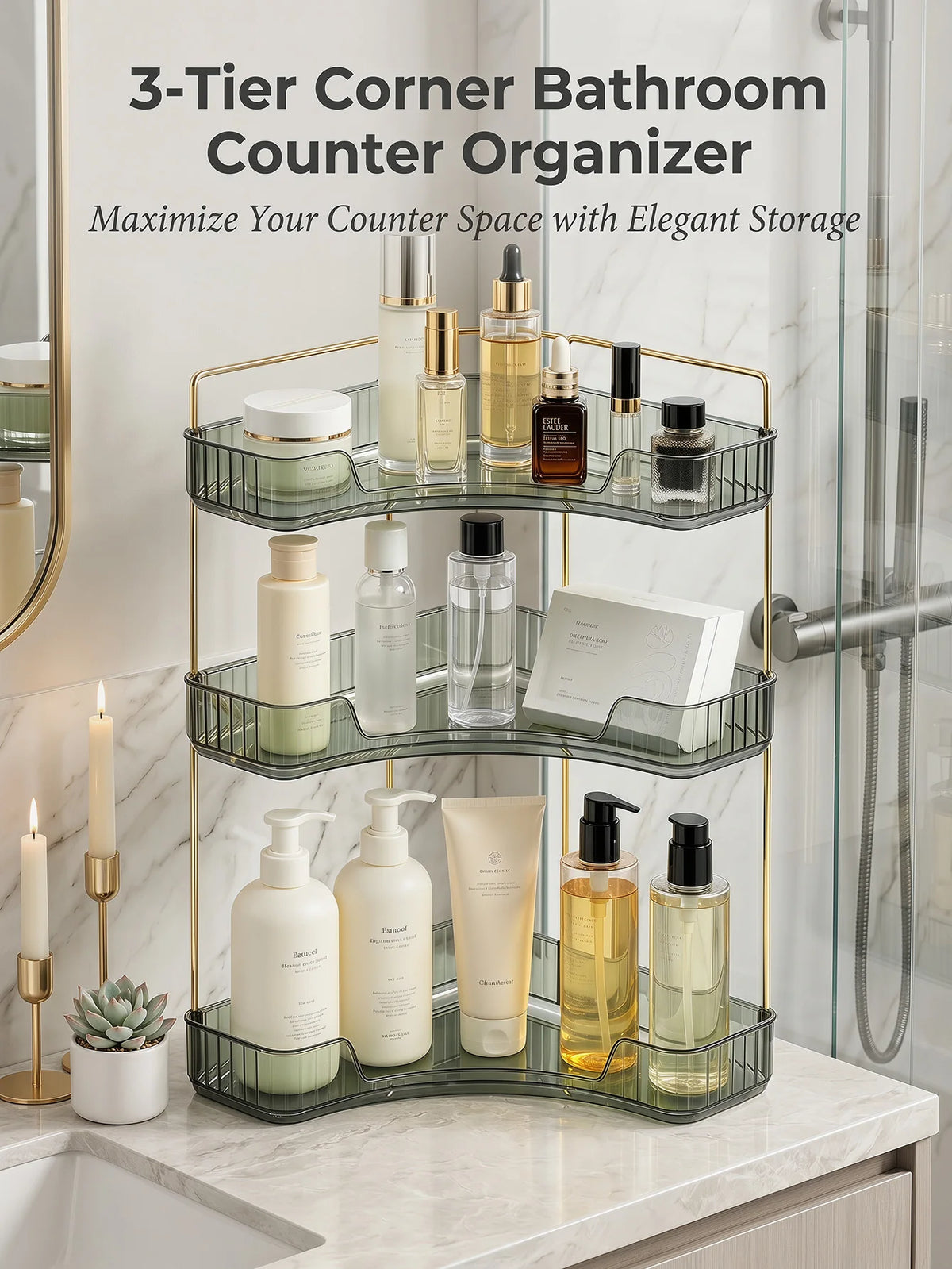 Corner Bathroom Countertop Organizer Three Bathroom Storage Rack | Countertop Storage with Hooks Perfume Organizer Cosmetics and Skincare Storage Rack - Gray-Green Tone