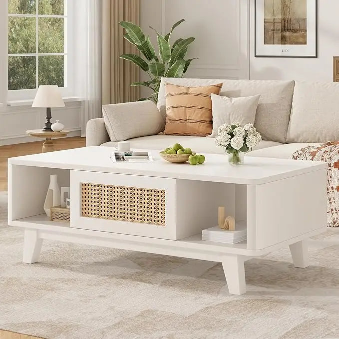 Farini Mid Century Modern Coffee Table with Rattan Drawer, Wood Storage Table for Living Room, Farmhouse Home Furniture