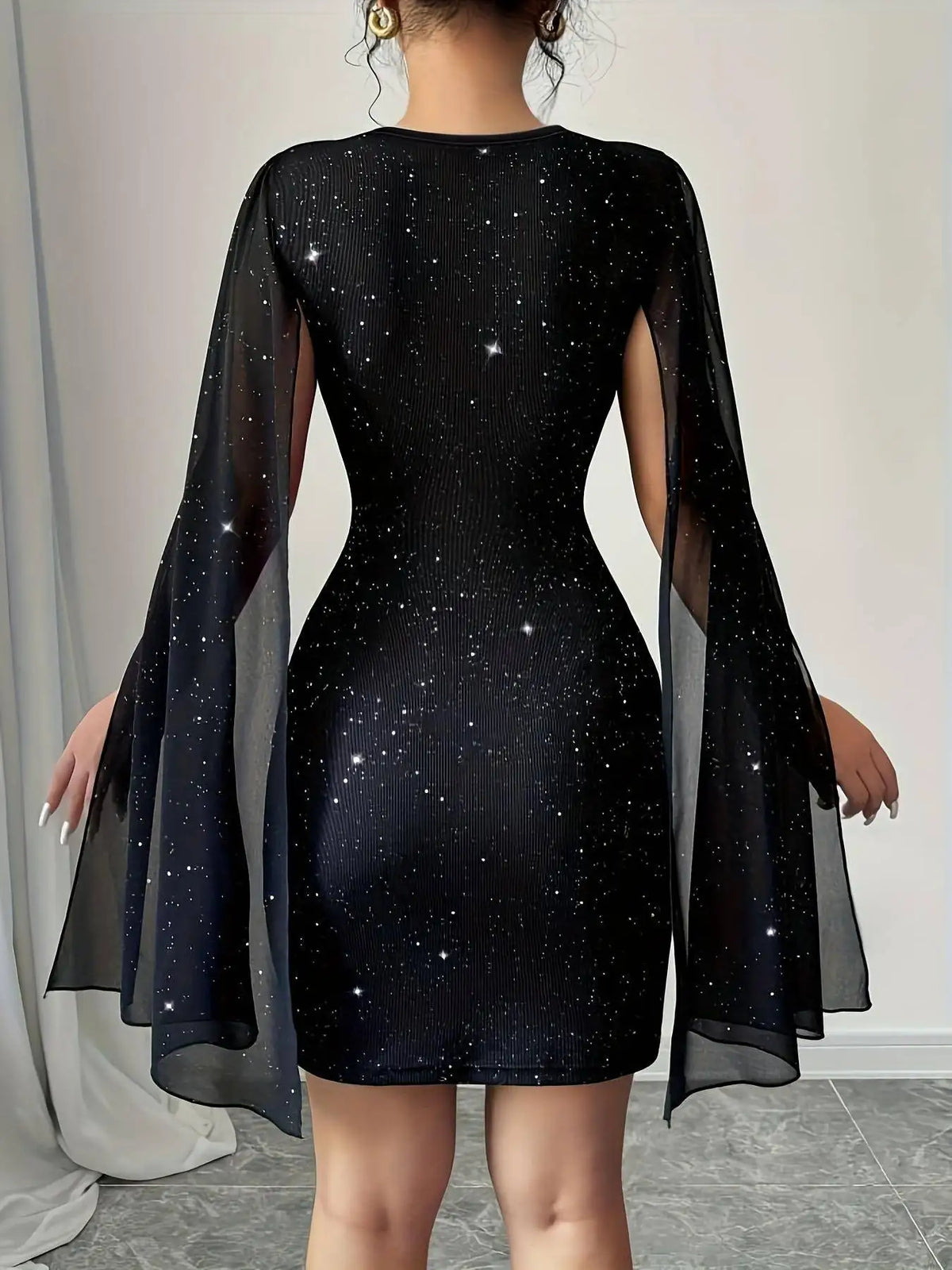 Women's Black Glitter Lace Cape Sleeve Party Dress