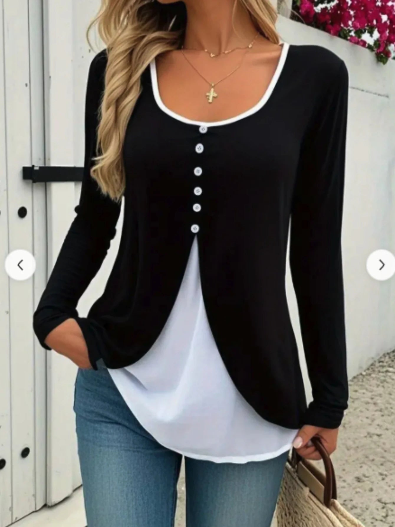 Color Block Fake Two Piece U Neck Button Detail Long Sleeve Tunic Top For Women Casual Daily Shirt
