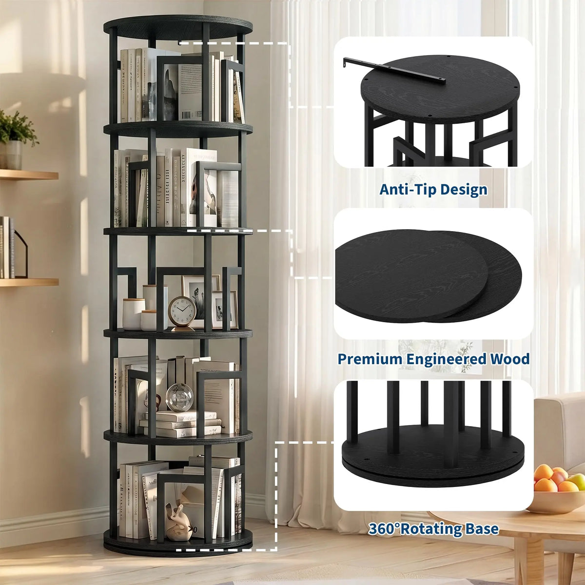 5-Tier Rotating Bookshelf Tower, 360° Spinning Corner Bookcase Holds 100+ Books, 63in Narrow Floor Storage Shelf For Home Office