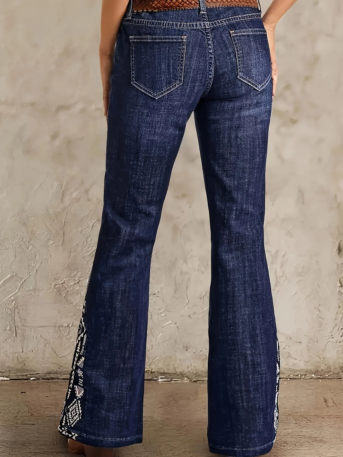 Women’s High Rise Wide Flare Jeans: Medium Wash Stretch Denim with Beaded Embroidery – Vintage Boho Western Cowboy Style