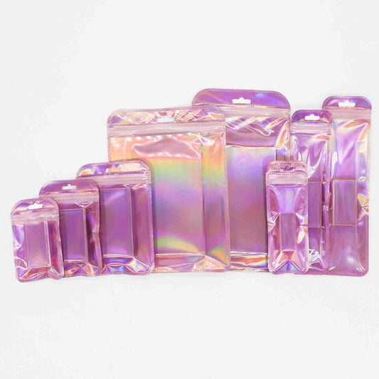 Holographic Self Sealing Resealable Pouch, Jewelry Packaging Gift Bags, Shiny Pink, Various Sizes, 100Pcs