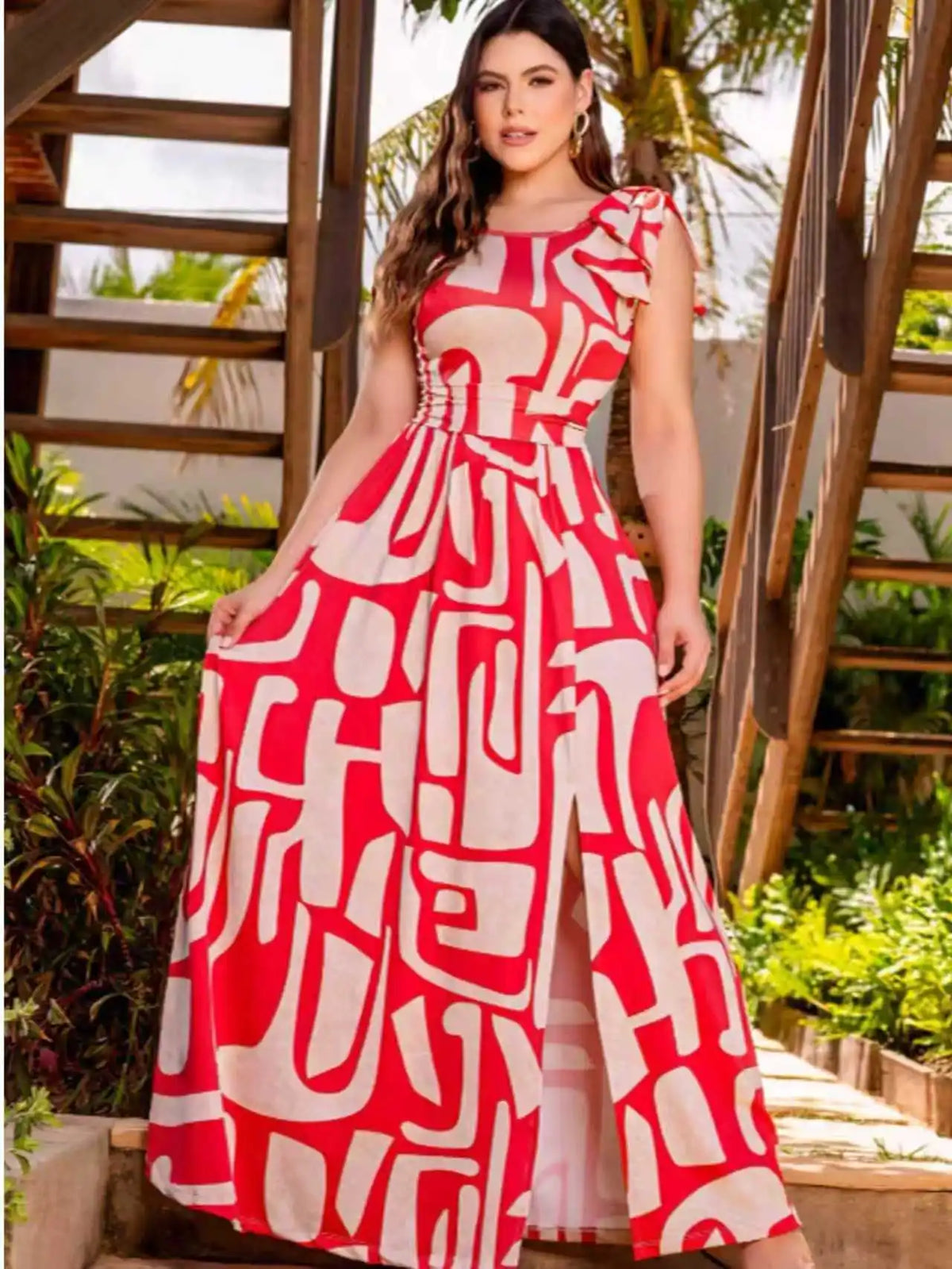Sleeveless Geometric Maxi Dress Bow Waist Slit Elegant Summer Vacation