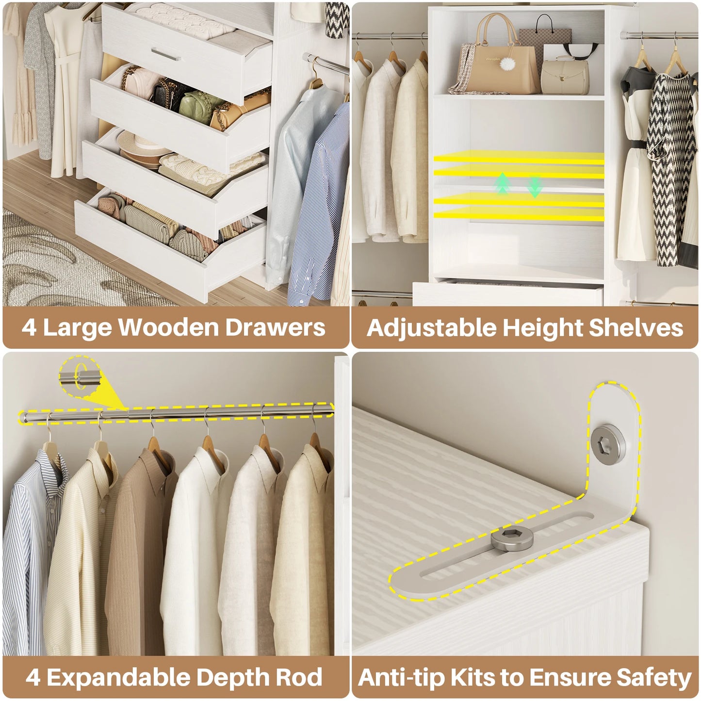 4-9Ft Closet System with 4 Wooden Drawers, Walk-in Closet Organizer Wardrobe Clothes Rack with 4 Hanging Rods, Garment Rack