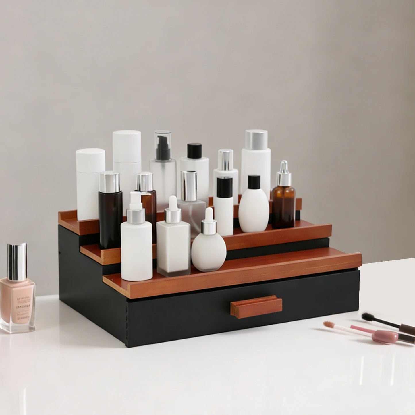 3 Tier Ladder Perfume Organizer, Wood Perfume Storage Rack with Drawer, Compact Display Stand for Cosmetics Perfume Bottles