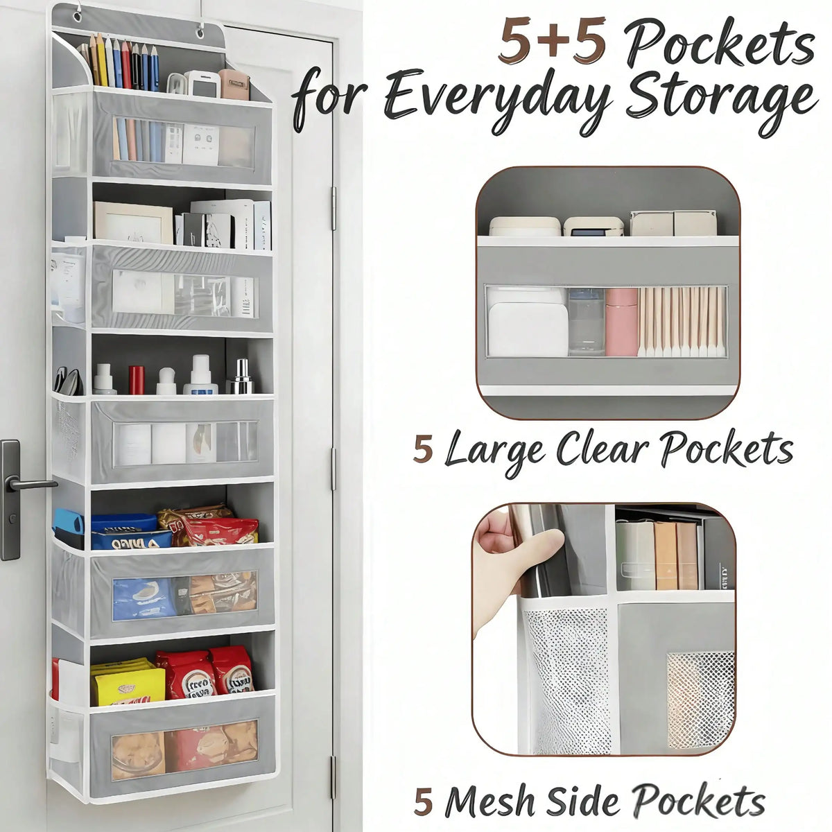 5-Tier Hanging Storage Organizer with 10 Side Pockets, Over Door Pantry Rack with 44 Lbs Capacity, Anti-Tilt Design for Bedroom, Bathroom, Dorm, White