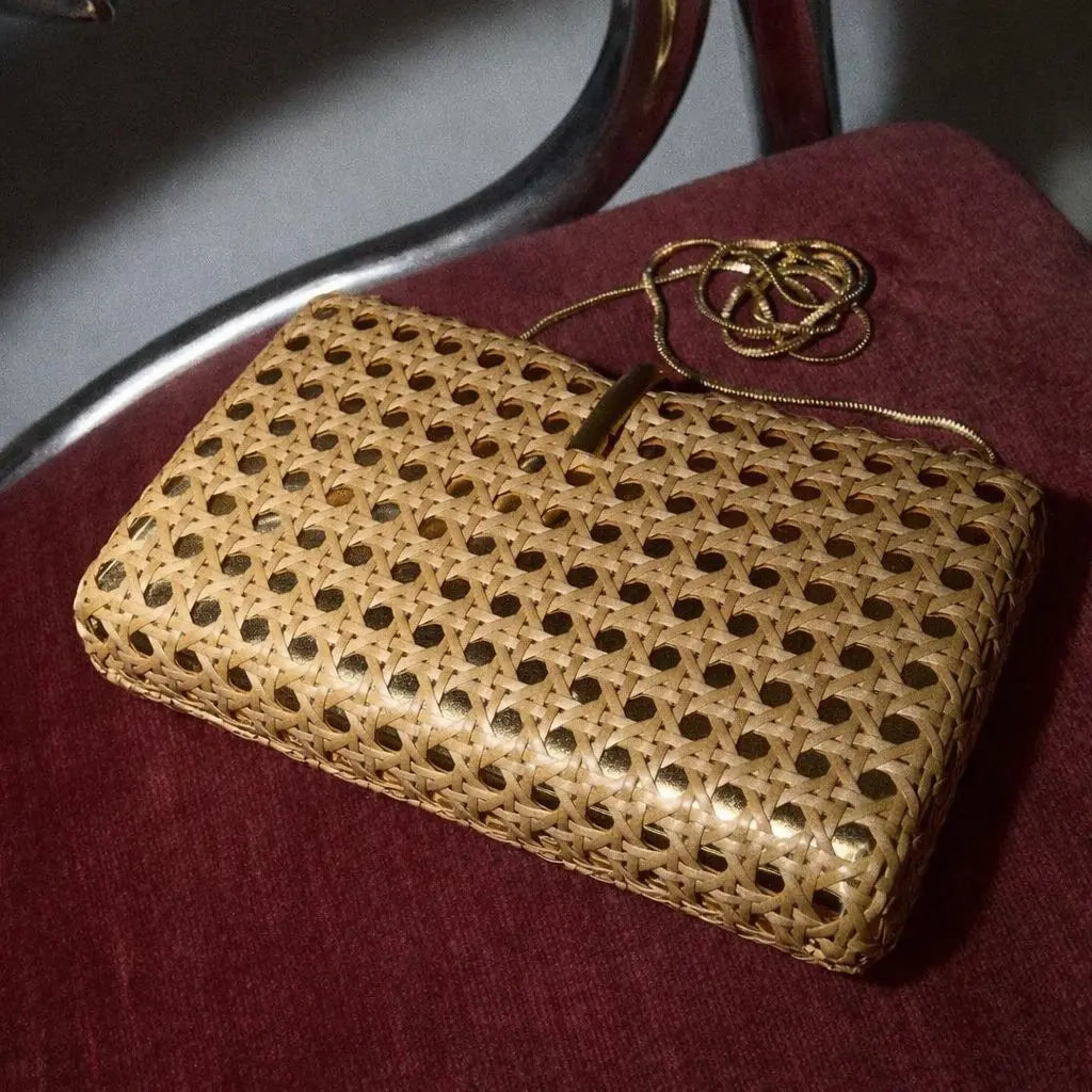 Square Woven Rattan Clutch Bag With Gold Chain Strap