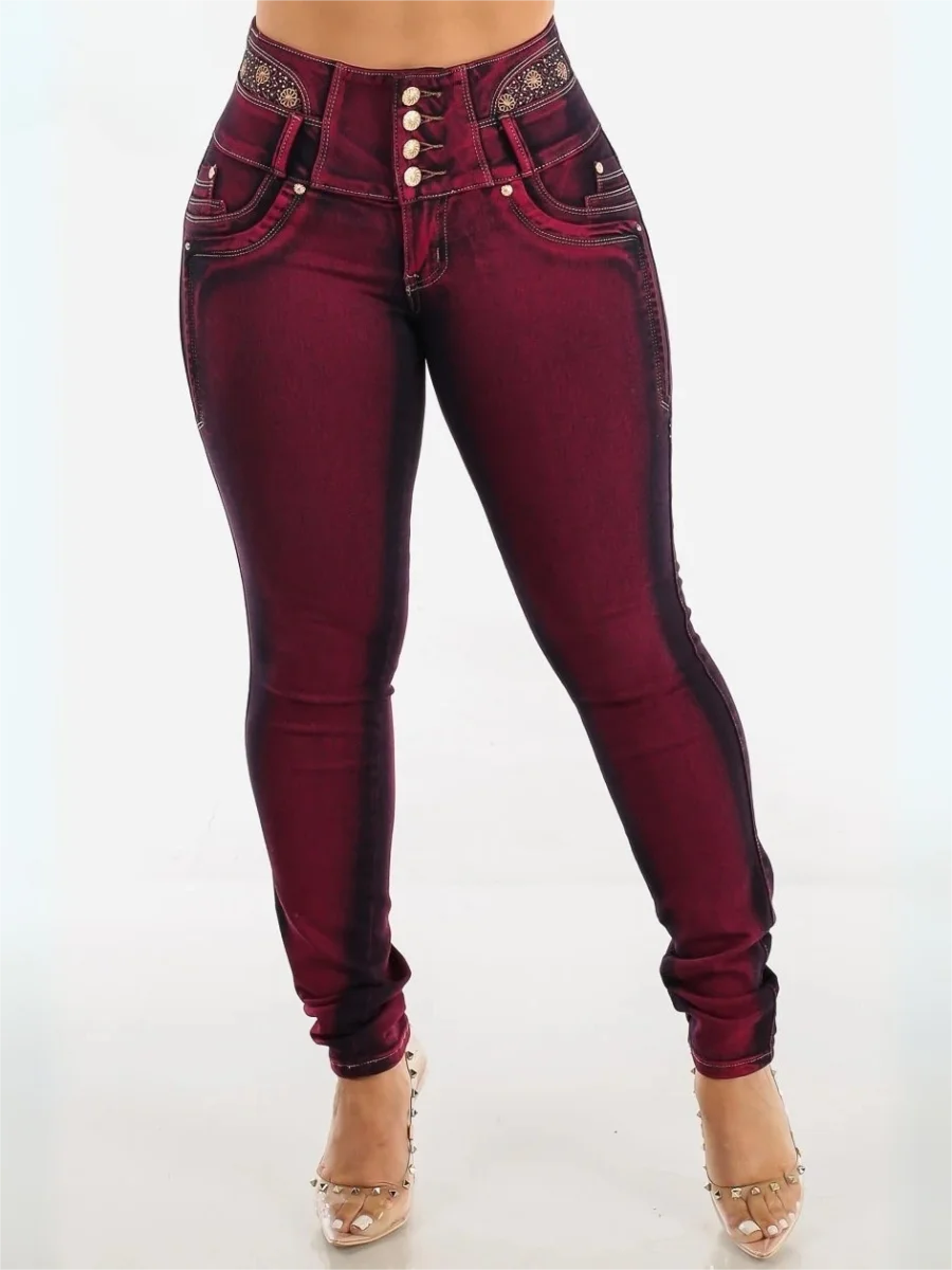 【HME】Jeans | High Waist Butt‑Lifting Denim Pants, Ladies Multi‑Button Skinny Denim Jeans With Waist Rhinestone Embroidery Detail, Curvy Slim Pants, Burgundy Washed Denim For Night‑out Casual Wear