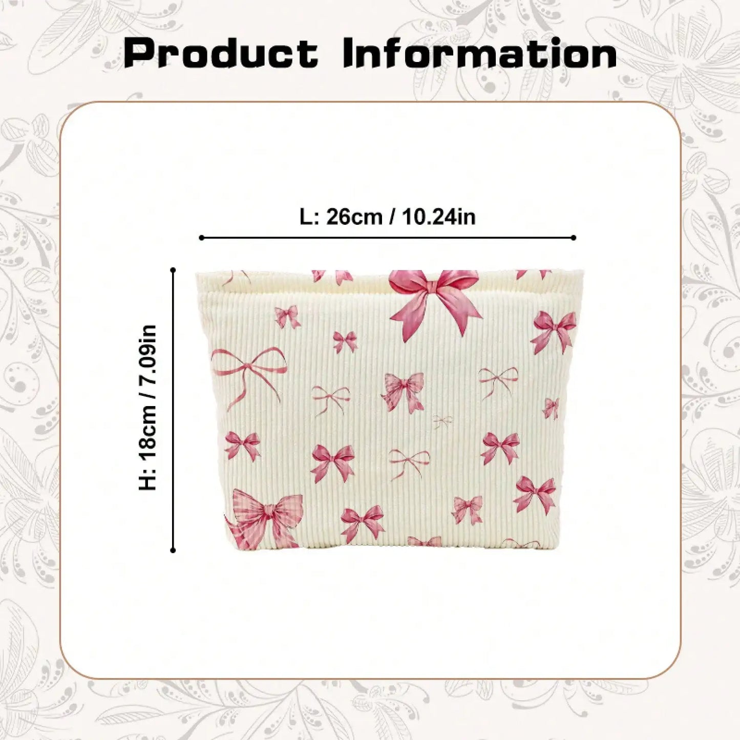 Corduroy Makeup Bag With Bow Pattern Lightweight Zipper Organizer