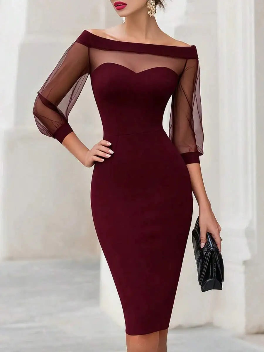 XTOCEAN Graduation Guest Outfit For Women Elegant Women's Off Shoulder Midi Bodycon Dress With Sheer Three Quarter Split Sleeves Woven Fabric