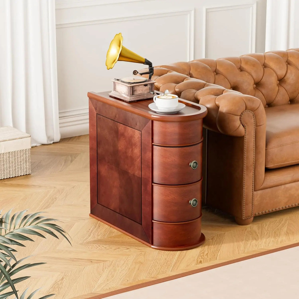 Solid Wood End Table with 2 Drawers Narrow Slim Side Nightstand for Living Room Bedroom Vintage Finish Back, Customized