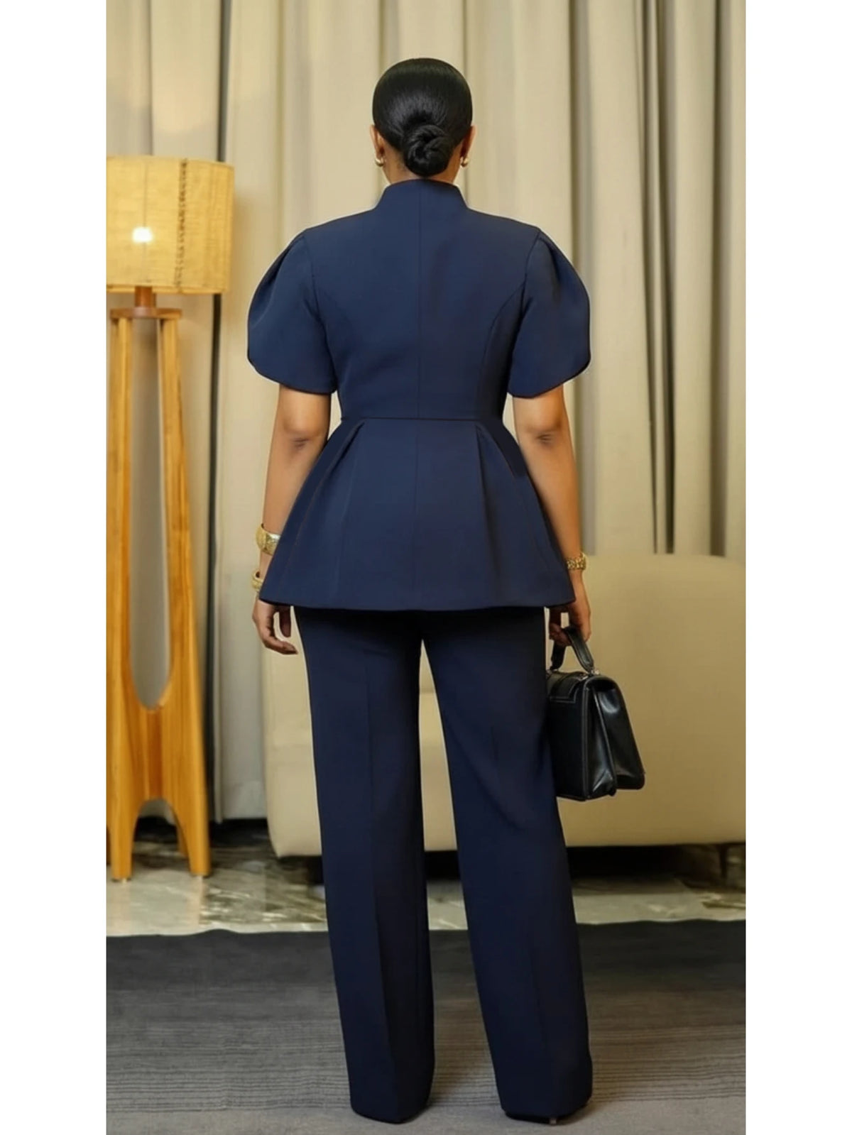 Women Stand Collar Puff Sleeve Peplum Polyester Pants Suit