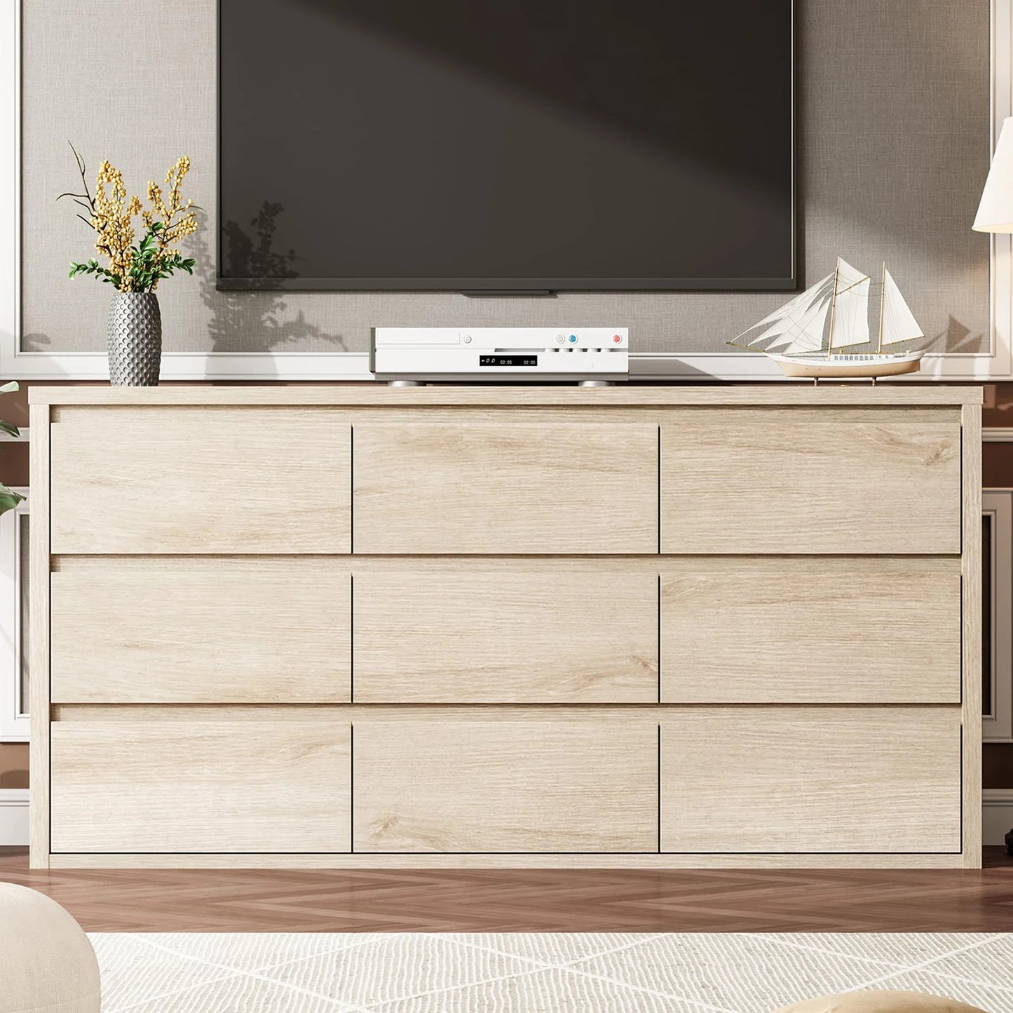 9 Drawer Dresser For Bedroom, Modern Handleless Wood Chest Of Drawers, Large Storage Cabinet For Living Room, Hallway and Entryway