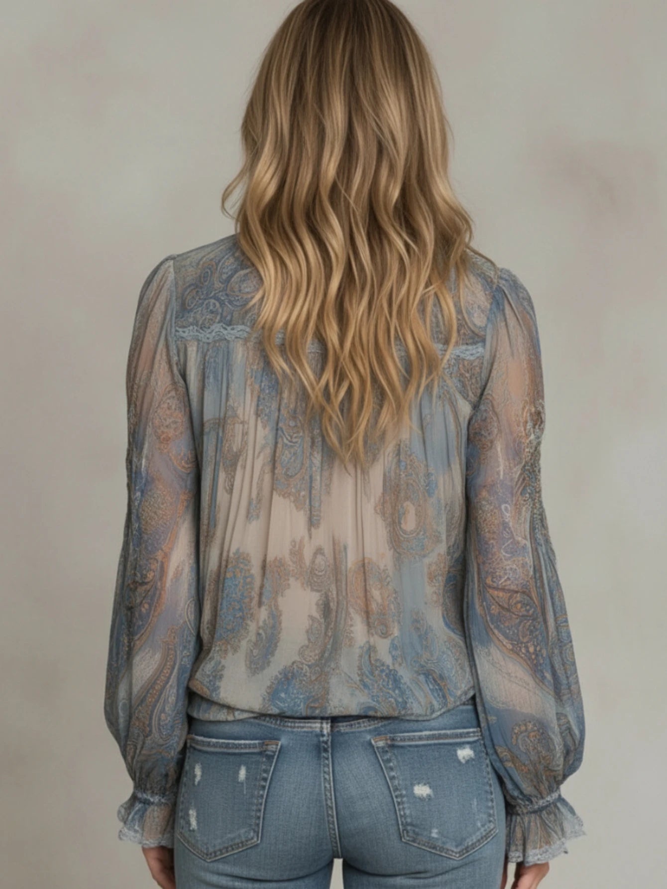 Paisley Print Ruffled High Neck Blouse For Women Tie Front Long Puff Sleeve Ruffle Cuff Loose Casual Shirt