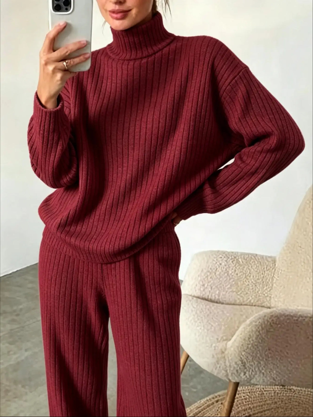 Womens Ribbed Turtleneck Sweater and Wide Leg Pants Set