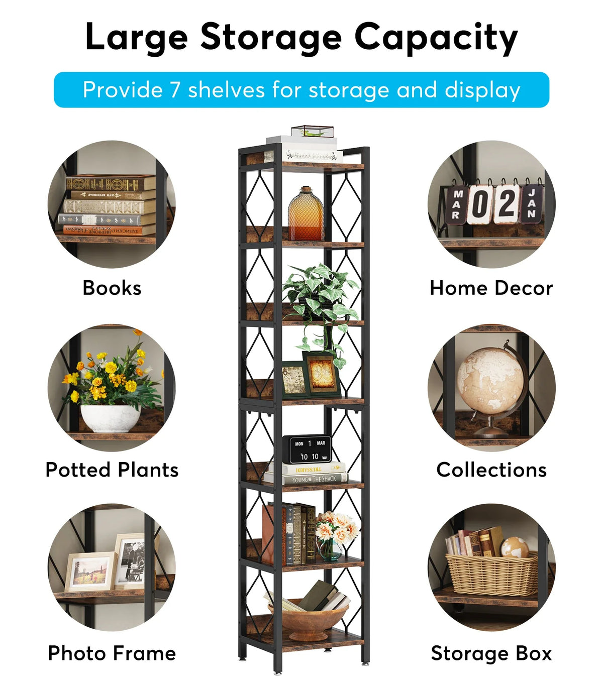 Tribesigns 78.7 Inch Extra Tall Narrow Bookshelf, 7 Tier Skinny Bookcase for Small Spaces, Freestanding Display Shelves