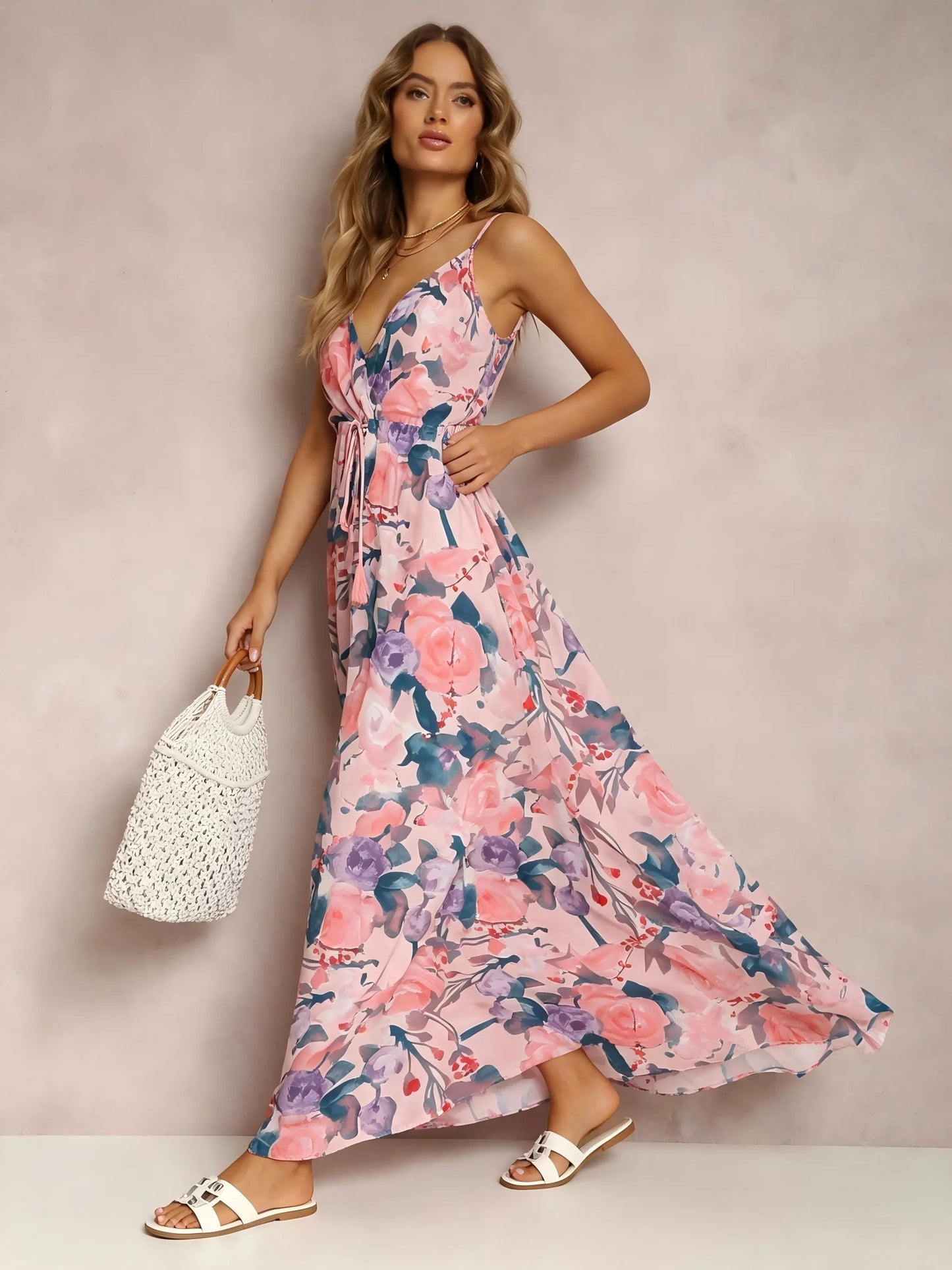 Women Watercolor Floral Maxi Dress V Neck With Tassel Tie