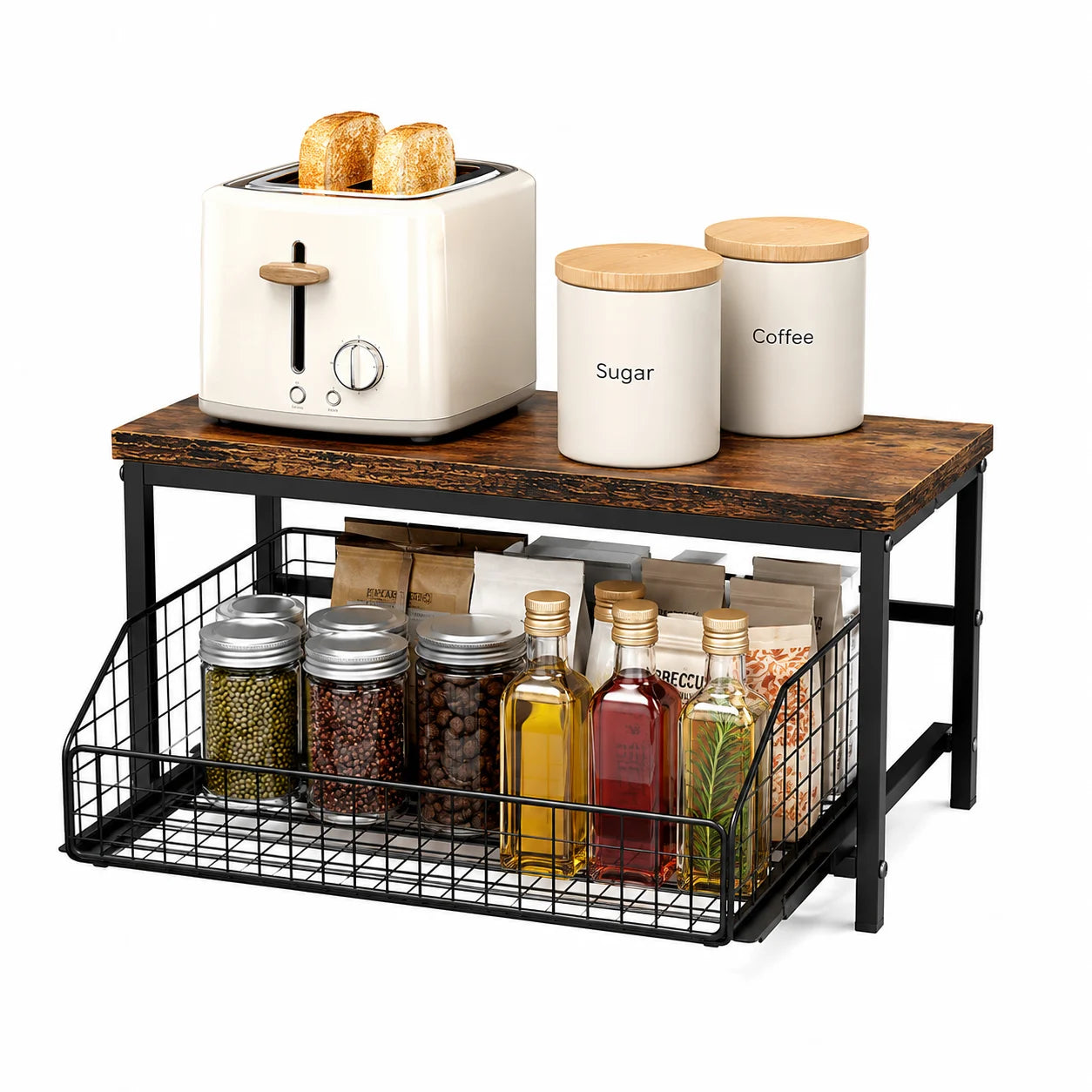 Pull Out Kitchen Counter Organizer with Sliding Wire Basket, Rustic Wood Countertop Storage Shelf for Coffee Station, Spice Rack, Pantry & Bathroom Organization