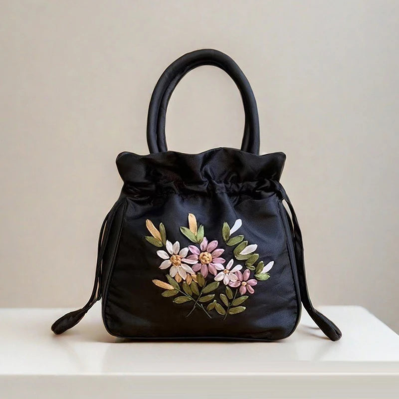 National Style Embroidered Flower Bucket Bag With Drawstring