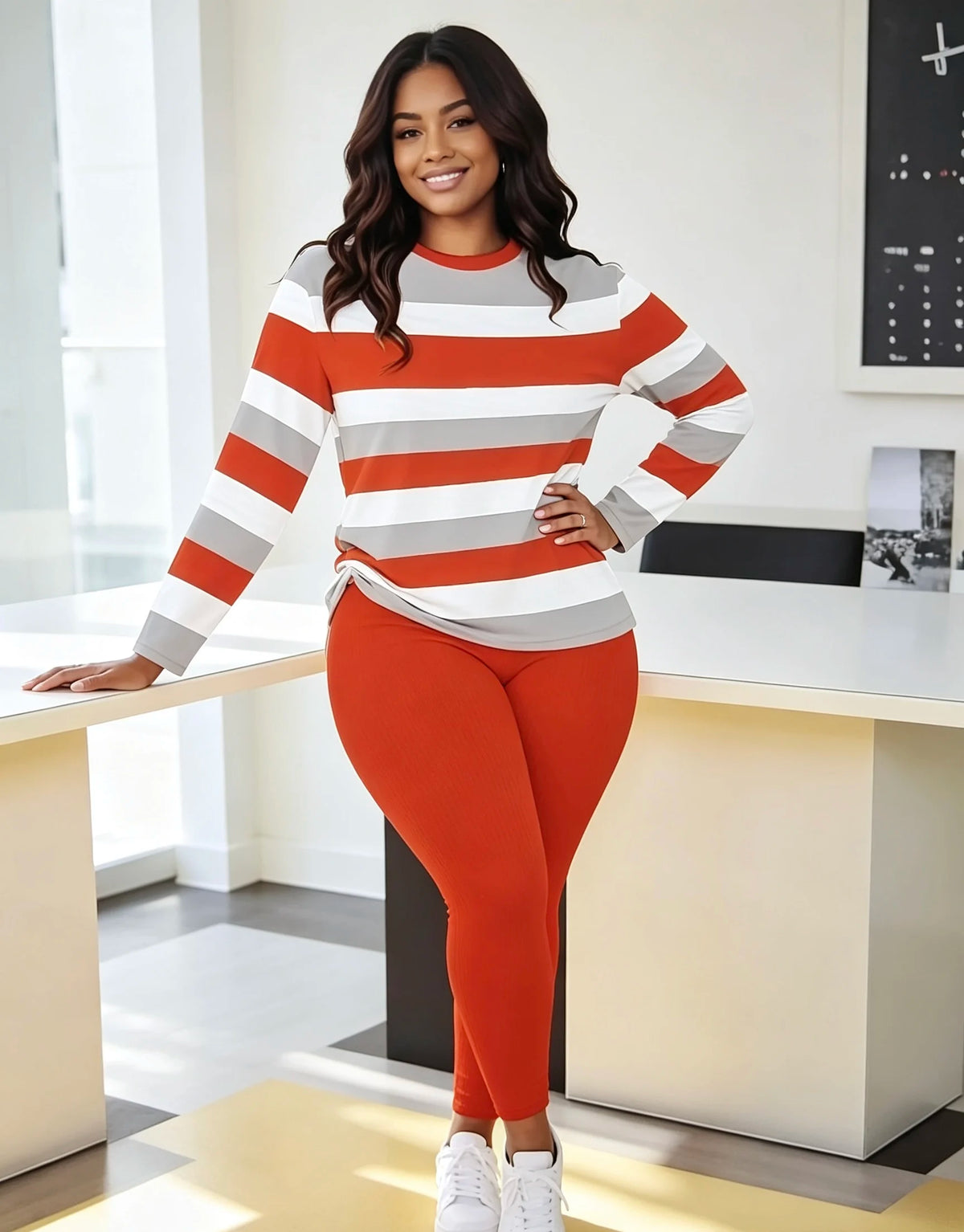 Loose Casual Ribbed Pants And Color Block Striped Top