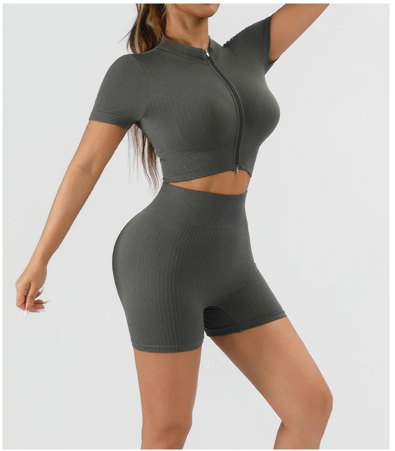 Women Seamless Ribbed Two Piece Yoga Set With High Waist Shorts