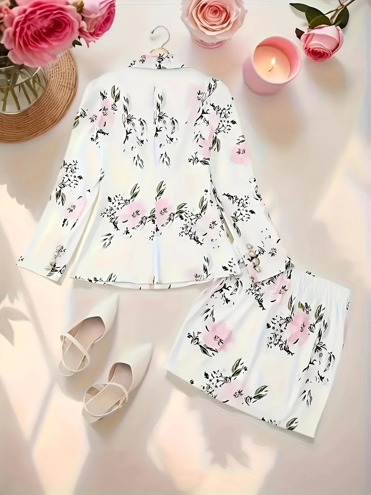 Women's Double Breasted Suit Jacket And Floral Mini Skirt Set