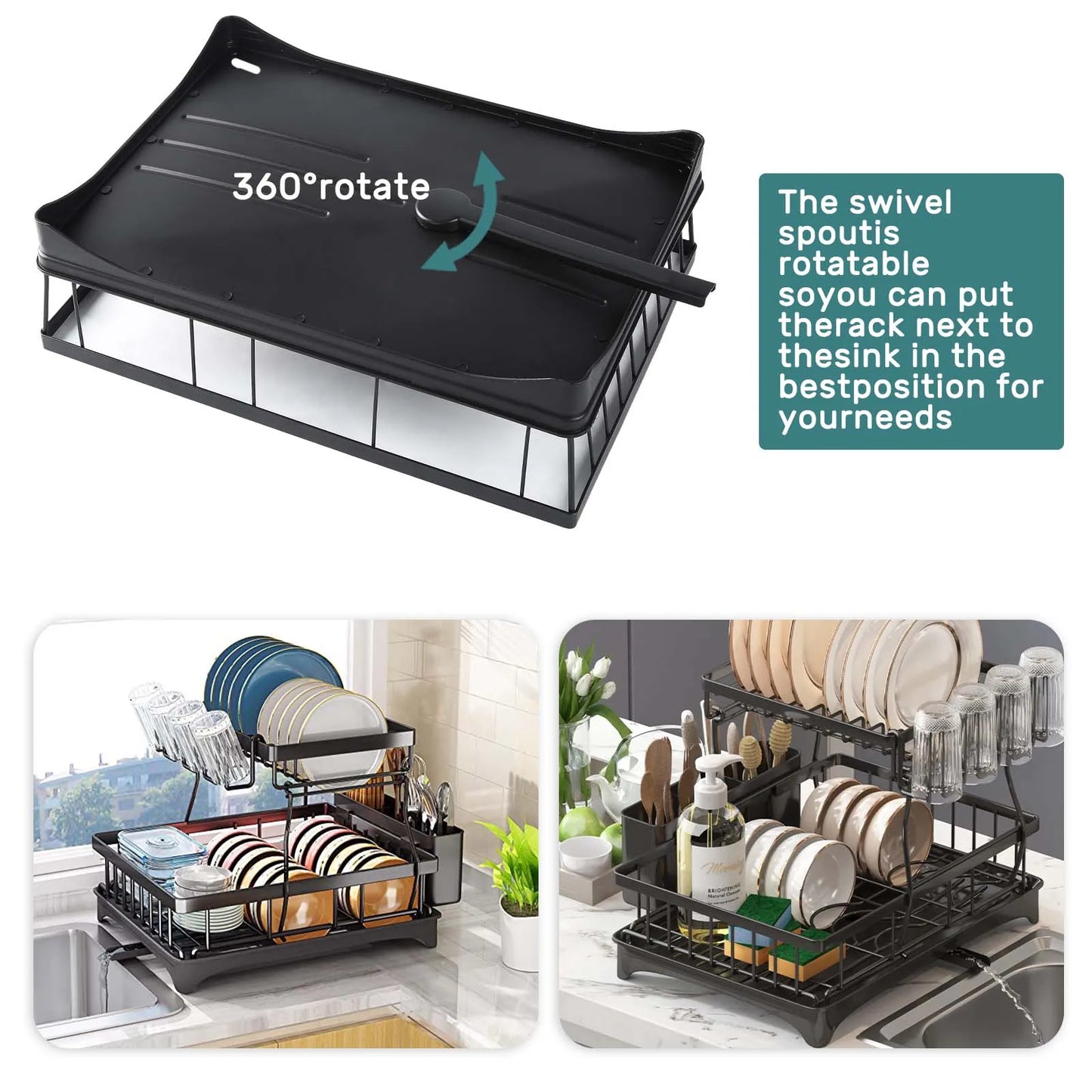 Kitchen Storage Rack, 2 Tier Dish Drainer with Drip Tray and Drainer Mat,with Utensil Holder, Swivel Spout, Draining Board