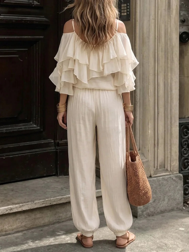 Women Casual Off Shoulder Ruffle Top And Elastic Jogger Pants